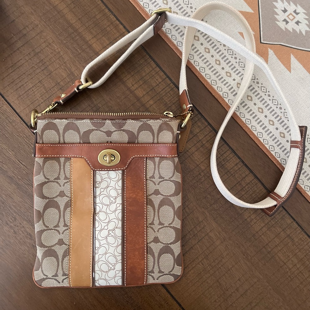 Coach Brown and Tan Crossbody Bag with Gold Accents